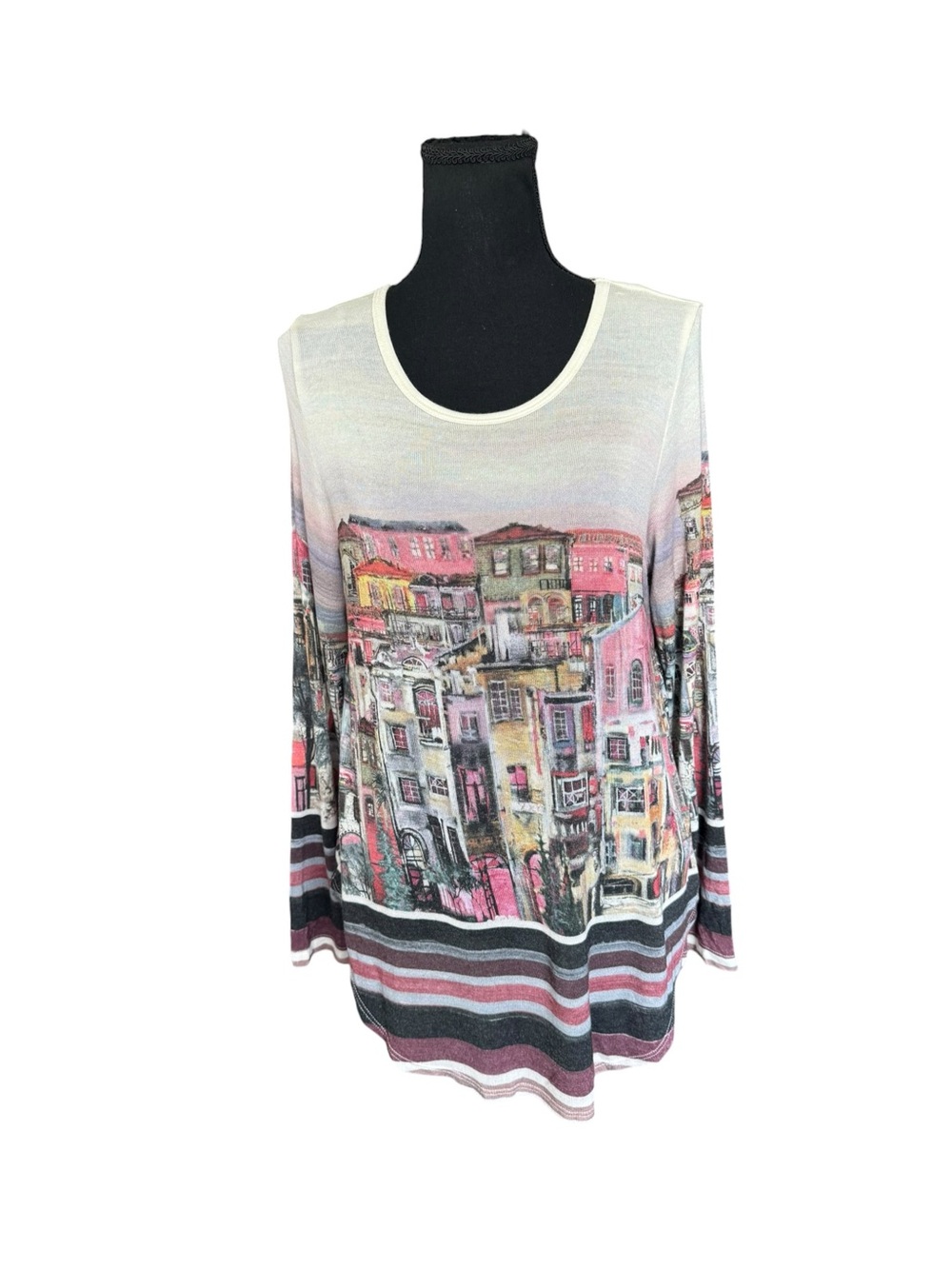 Karen Kane Cityscape Print Lightweight Knit Tunic Top Pink Gray Large